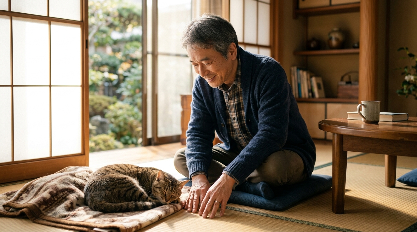 保護猫ムクを優しく見つめる男性のイメージ