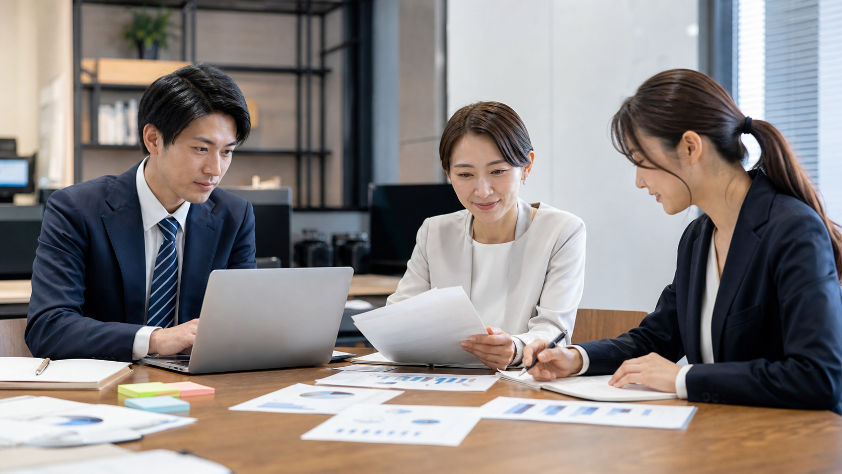 資料の確認や修正内容、承認状況を整理しているイメージ