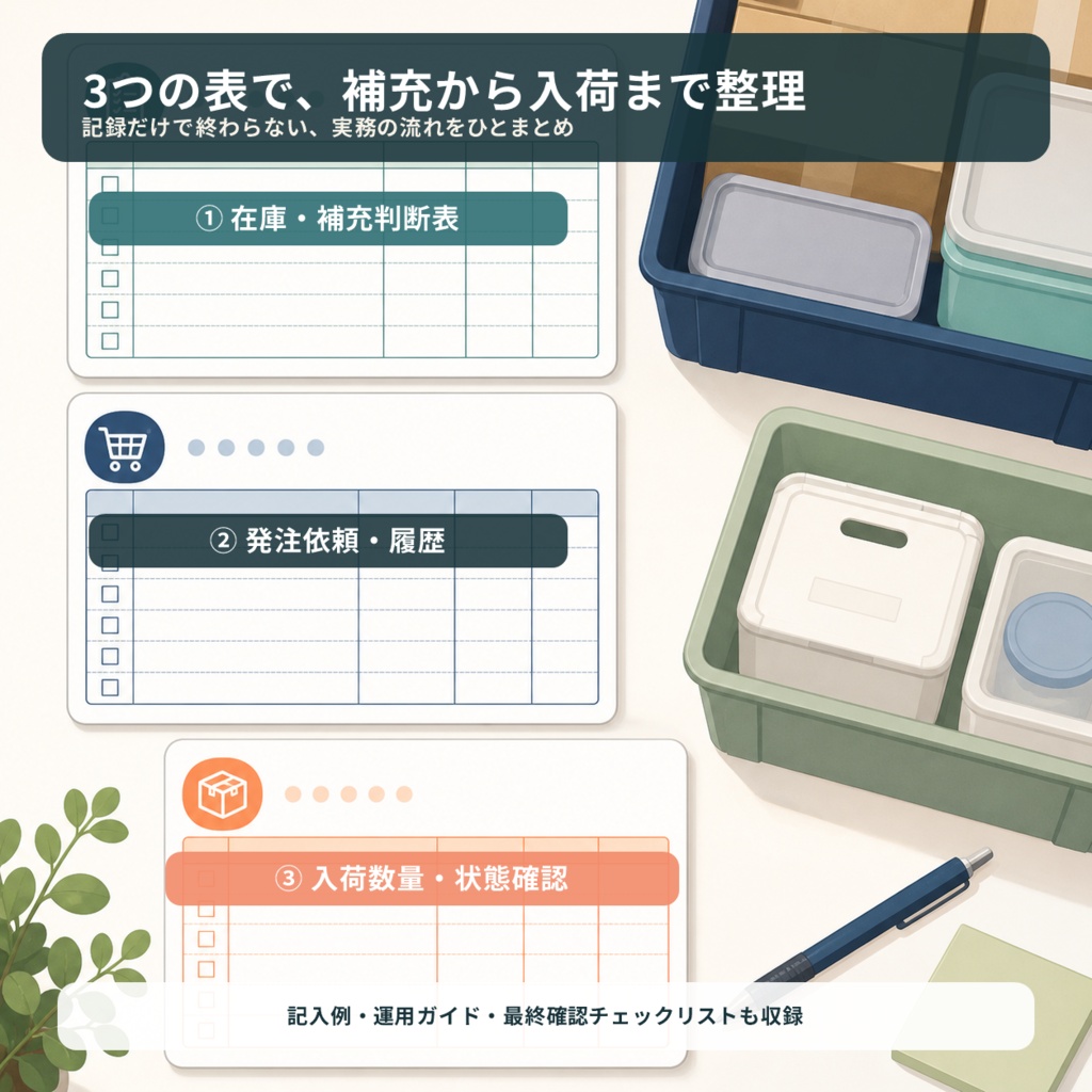 在庫補充・発注ミス防止スターターキットの3つの管理表と付属資料を紹介する商品画像
