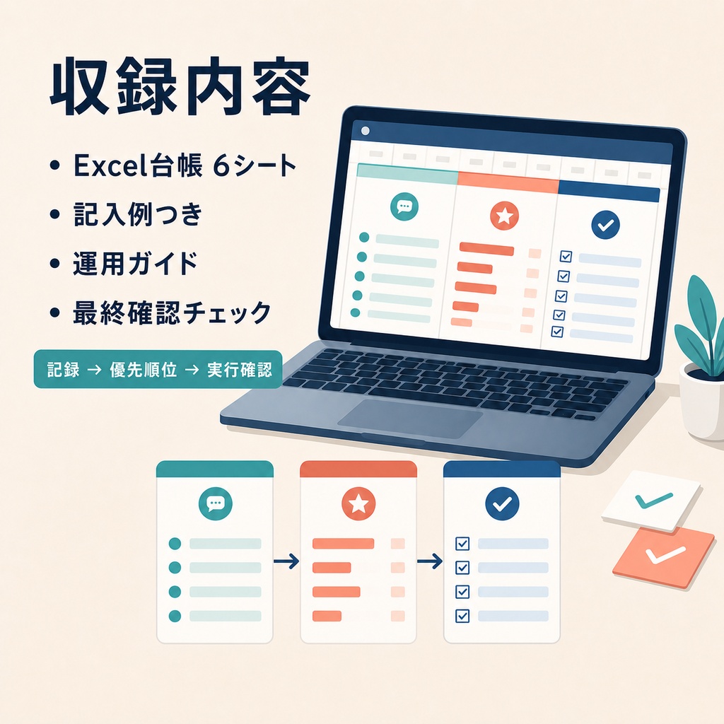 お客様の声・改善実行スターターキットの6シートと付属資料を紹介する商品画像