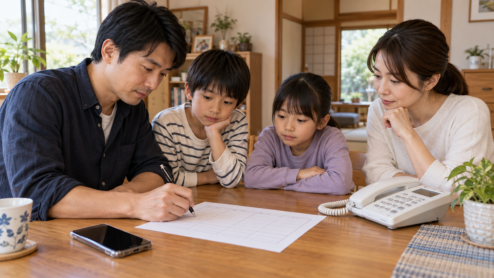 災害時の連絡方法を家族で話し合い、電話とスマートフォンのそばで連絡先を記入する様子